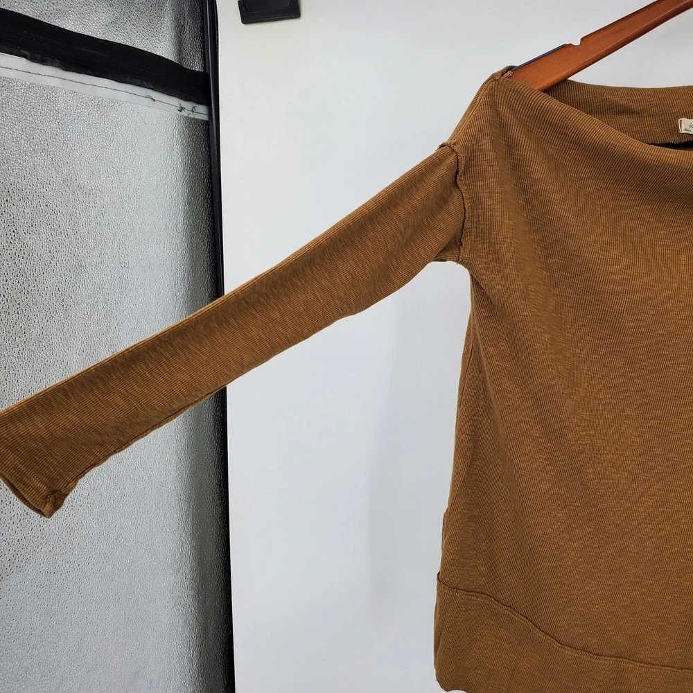 We The Free Free People Brown Ribbed Boat Neck Long Sleeve Shirt S Boho Earthy